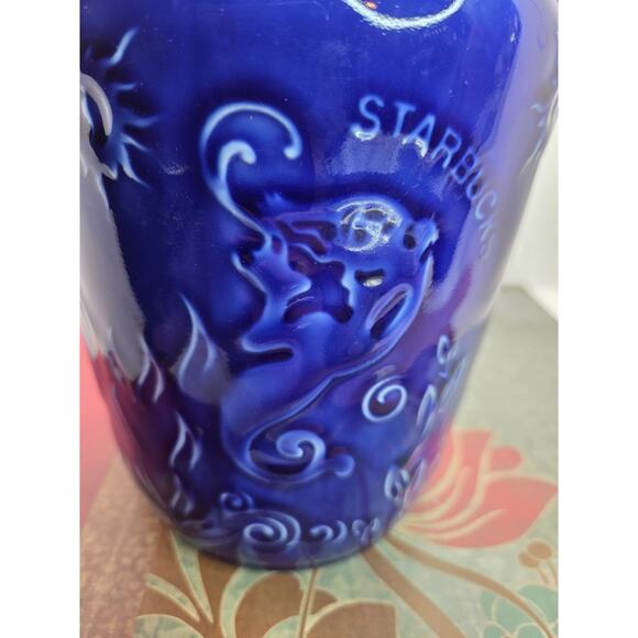 STARBUCKS Cobalt Blue Ceramic COFFEE CANISTER Jar Siren MERMAID 8.5" H - Picture 3 of 8